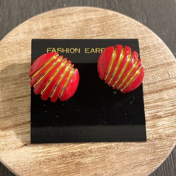 NWT Fashion Earrings Striped Statement Earrings - Red and Gold‎ - Picture 1 of 6